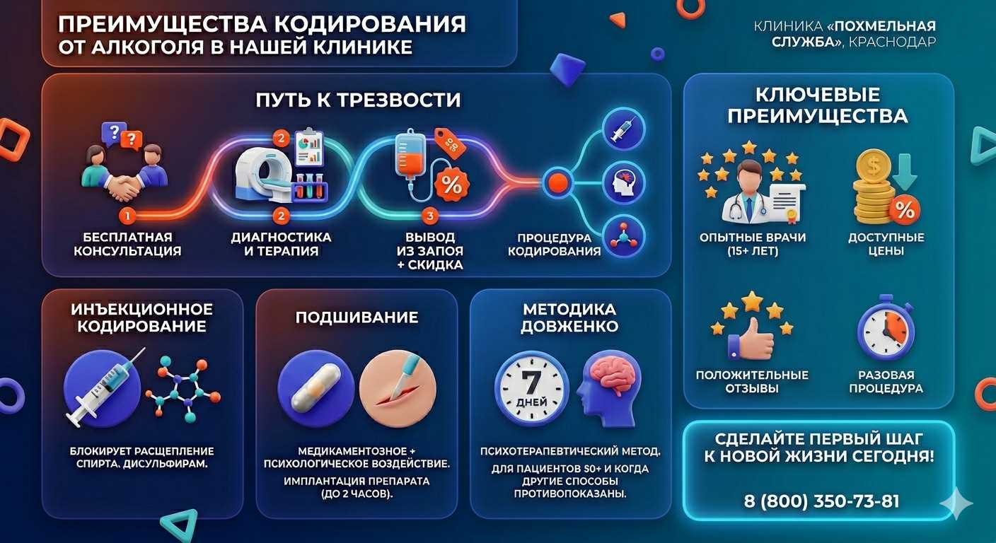 Инфографика о методах кодирования от алкоголя в Гаспре: инъекции, подшивание, метод Довженко. Преимущества клиники и этапы лечения.