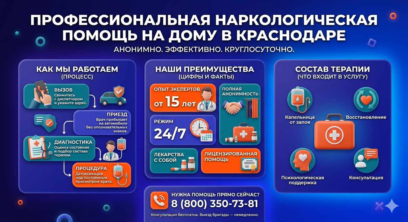 Инфографика о принципах лечения алкоголизма на дому в Гаспре: этапы вызова нарколога, преимущества анонимной детоксикации и состав медицинской помощи.